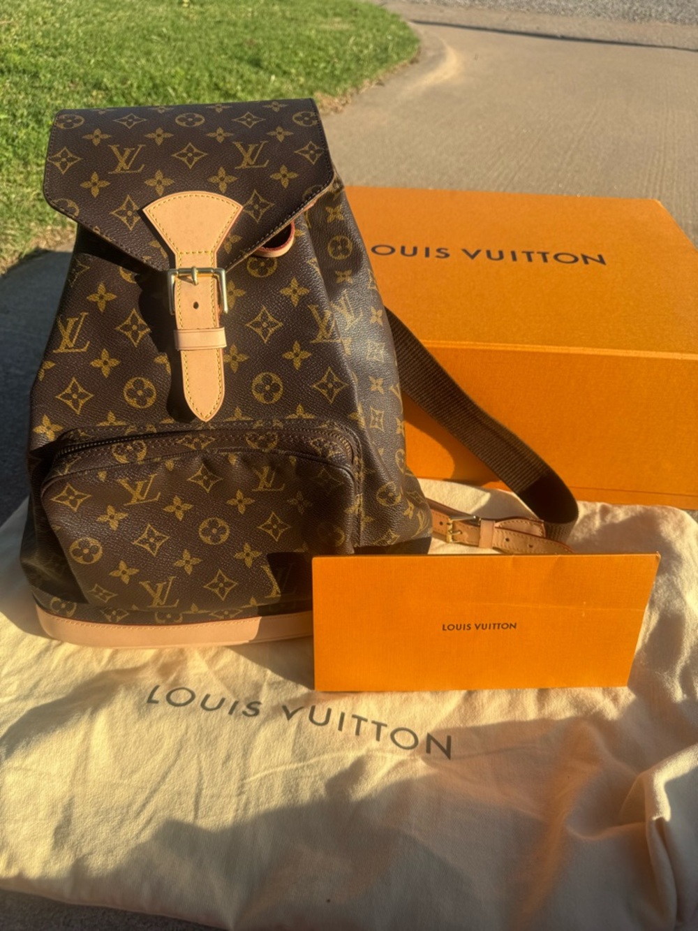 Louis Vuitton Monogram Montsouris Backpack with Tan Trim and Gold Hardware